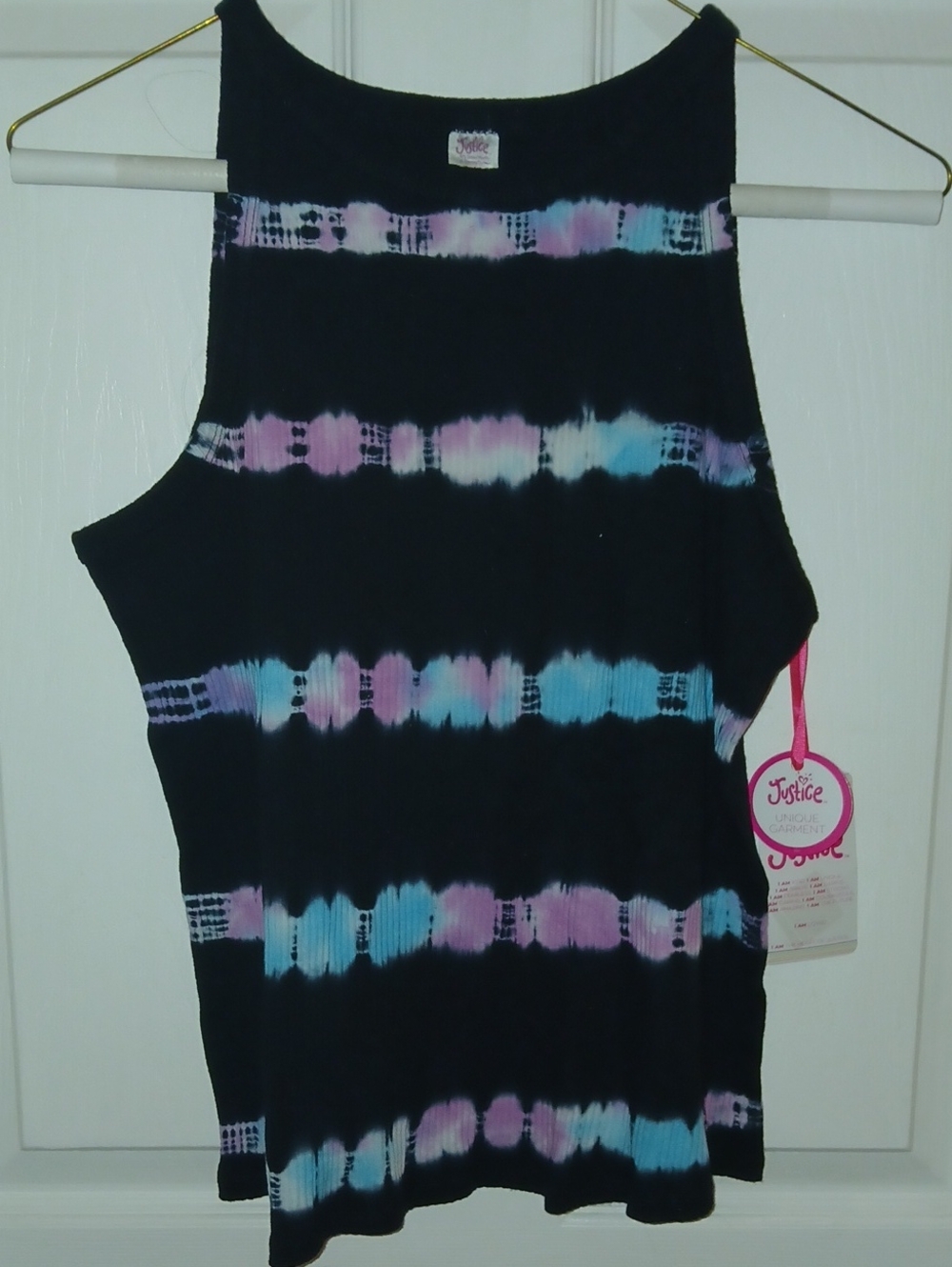 Justice Black Tank with Pink & Blue Tie-Dye Stripes